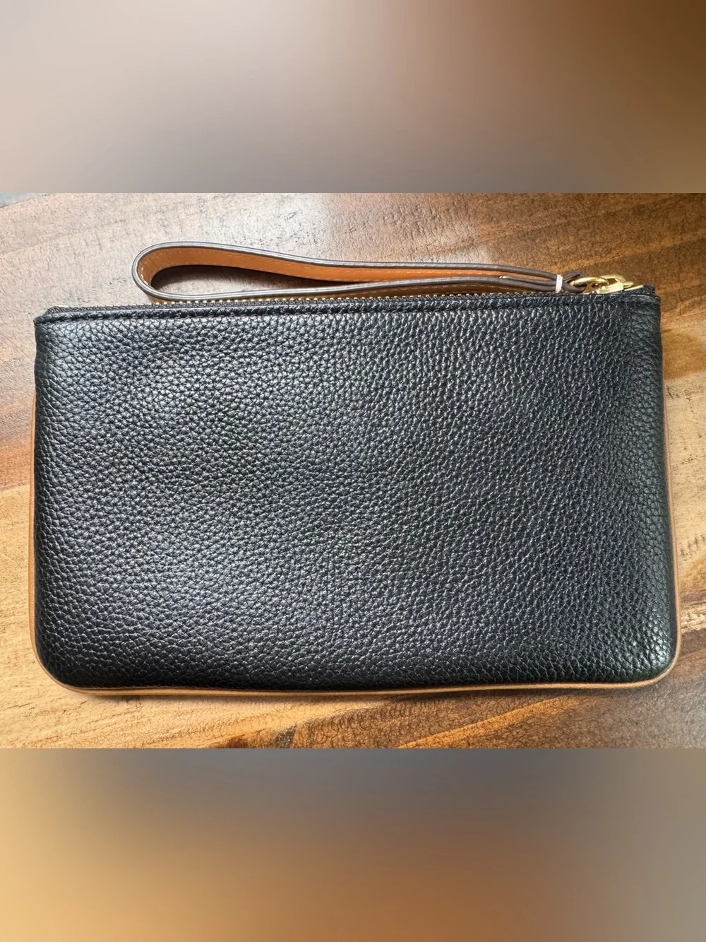 Tory Burch Black Pebbled Leather Wristlet with Gold Logo-Like New